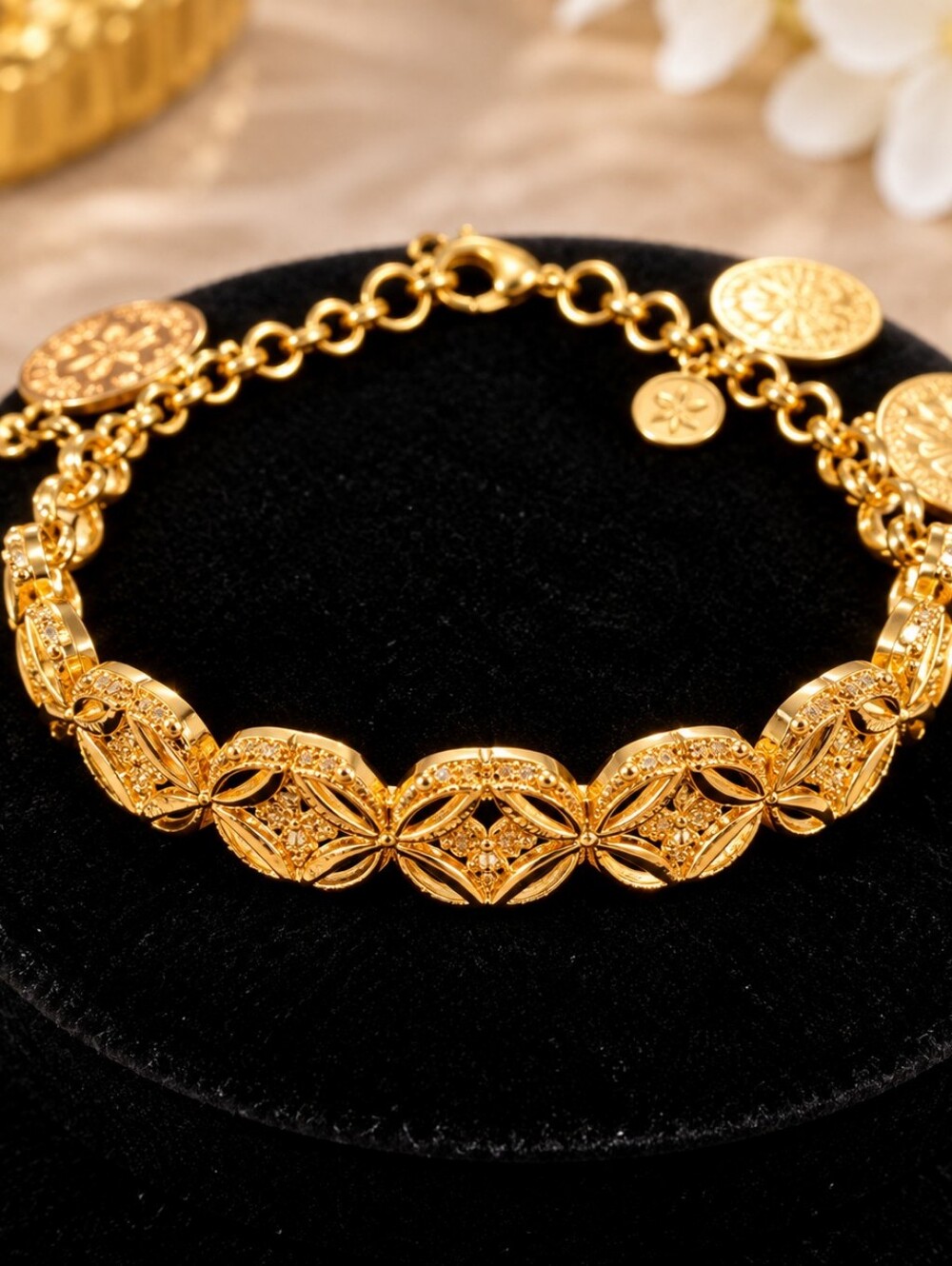 22K Gold Plated Dubai Floral Link Bracelet Adjustable